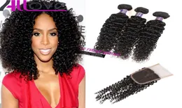 Allove 8A Brazilian Virgin Human Hair Bundles Wefts Kinky Curly 3pcs with Lace Closure Malaysian Peruvian Extensions Whole for9460653