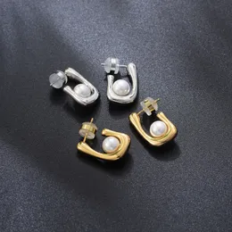 Minimalist inci kakma geometrik u şeklinde kulak saplama 18k zirkon kulak tokası saplama tasarımcısı mücevher küpe