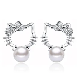 Cute kitty cat designer earrings for women luxury ball pearl diamond lovely cats design earring S925 silver plated numbers have brincos earings ear rings jewelry