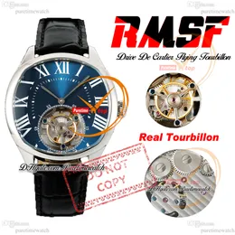 Drive Flying Tourbillon Mechanical Hand Winding Mens Watch RMSF Steel Case Blue White Roman Dial Black Leather Super Edition Watches Reloj Hombre Puretime PTCAR