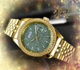 Automatic Date Iced Out Men Women Three Stiches Watch Full Diamonds Ring Quartz Battery Rose Gold Silver Calendar Stain Steel Band Clock Shiny Starry Watches Gifts