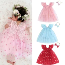 Flickaklänningar Focusnorm 0-24m Spädbarnsflickor Valentins dag Romper Dress med Bow pannband ärmhylsa Hjärttryck Tulle Mesh Tutu