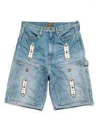 Men's Shorts KAPITAL 23SS Blue Dyed Retro Distressed Loose Rivet-Inlaid Gemstone Denim