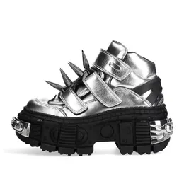 Серебряный панк -стиль женщин мужские ботинки винтажные рок