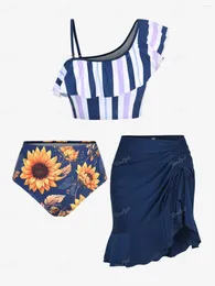 Kadın Mayo Gülek Artı Beden Kadın Üç Parçalı Yastıklı Tankini Mayo Soğuk Omuz Şerit Renkli Bikini Set Etnik Baskısı