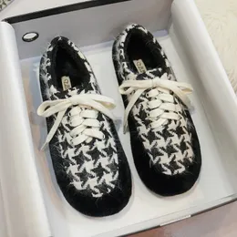 Casual Shoes 2024 Winter Women's Plush Warm Korean Style Lace-Up Loafers Party and Work Wear Ladies Flats Mary Jane Boat