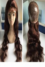 High quality medium brown 4 virgin brazilian hair silicone base loose wavy thin skin wig 2522497