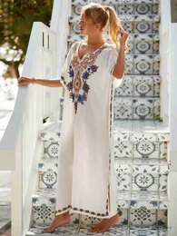 Women's Swimwear EDOLYNSA White Vintage Embroidered Long Kaftan Casual V-neck Maxi Dress Summer Clothes Women Beach Wear Swim Suit Cover Up Q1490