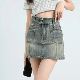 Saias Americano Vintage Spice Girl High Salia de jeans da cintura feminina Y2K Design de verão Ferramenta Anti-Exposição A-Word Hip