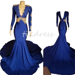 Abiti da ballo a maniche lunghe blu vintage 2024 sexy a V CORCO APPLICI GOLD Abito formale abito elegante senza schienale abiti da sera formali affascinanti abiti da soire femmina