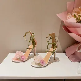 Verão rosa doce doce flor sonho de sonho de salto alto laço up sandálias banquetes de casamento sapatos femininos 240321