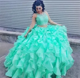 2021 Mint Lace Quinceanera Dresses 2 Piece Ball Gown Princess Puffy Ruffle Masquerade Sweet 16 Dresses Prom Girls vestidos de5647555