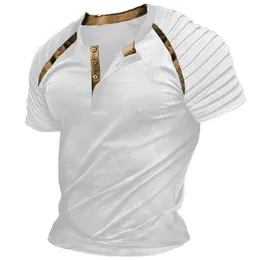 Mens Casual Henley Shirt Fashion Raglan T Shirt Plain Slim Pleated Henley Daily Short Sleeve Patchwork Gleats Clothing Apparel 240412