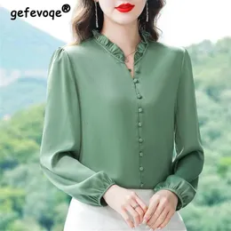 Women Wysokiej jakości jedwabny elegancki elegancki bluzka koreańska moda solidna szczupła biuro dama da o długim rękawie szykowne topy blusas 240409