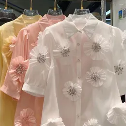 Kvinnors blusar Sparkande diamanter Flowers Stitch Shirts Women 2024 Sommar i korta ärmmode toppar camisas de mujer