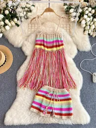 Testes femininos Sirreiny Bohemian colorido listrado praia feminino lace up tassels tops toups drawstring pernas largas shorts knit férias sexy