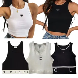 Summer White Women Tops Tees Crop Top Embroidery Sexig Off Shoulder Black Tank Top Casual ärmlösa rygglösa toppskjortor Luxur Designer Solid Color Vest Collection