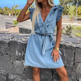 Модное повседневное праздничное платье A-Line Элегантное v Neck Single Breads Denim Dress Flying Elmeave Trade-Up Ruffle Slim Dlim 240417