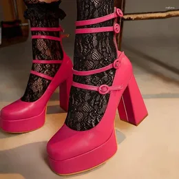 Отсуть обувь Deep Pink Platform Mary Jane Pumps Cunky Heels Square Toe Strappy Sweet Women Sexy Party Fashion Rubber