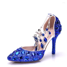 Vestido sapatos de moda bom bombeia shinestone azul royal cristal noiva feita artesanal