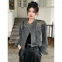 Women's Jackets Retro Denim Jacket With American Vintage Style Design Stand Up Collar Workwear Short Top