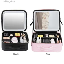 Bolsas de cosméticos Case de cosméticos liderados inteligente com Mirror Travel Makeup Sacors portátil de grande capacidade Moda simples Couro PU para férias de fim de semana L410