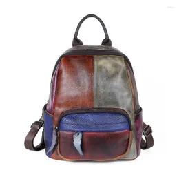 School Bags Vintage Genuine Leather Backpack Woman Patchwork Ladies Real Cow Backpacks Fashion Female Double Shouder Bag