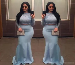 Dusty Blue Two Pieces Prom Dresses Lace Top And Long Sleeves Satin Mermaid Evening Gowns Plus Size African Formal Party Dress Chea6701669