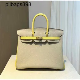 Handmade 7a Handbag Bikns Genuine Leather original leather with 25CM pearl gray chicken yellow womens color matchingVDDW