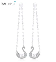 LUOTEEMI Trendy Dualuse Swan Dangle Earrings with CZ Stone And Imitation Pearl Beaded Drop Earring For Women Valentine Gift1637287