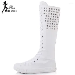 BOTAS Autumn Feminino Cavaleiro Cavaleiro Moderno Bottina Moderna Zipper Joelho Punk Round Round Rome Roma Lace-up Women Cheerleaders Dance Sapatos