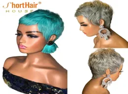 Srebrny szary pixie krótko cięta peruka 100 peruki ludzkie do włosów dla kobiet biżuteria niebieskie peruki pełne maszyna wykonane glueless13389841290317