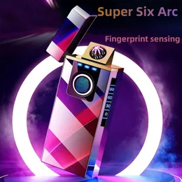 Windproof Metal Fingerprint Sensing LED Power Display Six Arc Lighter Outdoor Electric USB Charging Lighter Festival Men's Gift