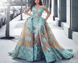 Haute Couture Übersekel Mermaid Prom Kleider Illusion Ausschnitt Abnehmbarer Zug Spitze Applikationen Langes Abendkleid Robe de Soiree6653434