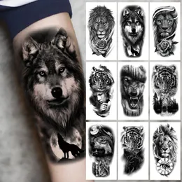 Manga de braço Tattoo Crown Lion Tiger Wolf Cabeça à prova d'água adesivos temporários Arte corporal Fake For Mull Men 240408