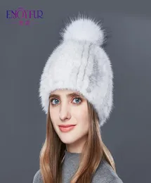 ENJOYFUR Women039s Fur Cap Real Mink Fur Hat With Fur Pom Pom Knitted Mink Hats For Winter High Quality Thick Warm Female Beani5634880