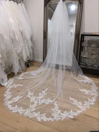 Cathedral Length Bridal Veils Lace Appliques Luxury Long Tulle Wedding Veil Ivory White Color Marriage Accessories