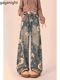 Frauenhose Gaganight Frauen Amerikaner Retro Floral Full Printed Jeans 2024 Frühling Casual Bein Lose Frau