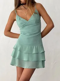 Casual Dresses Fashion Women Summer Mini Cami Dress Sleeveless V Neck Backless Tiered Ruffle Hem Party Skin Friendly