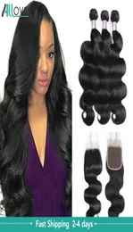 Allove Curly Water Human Hair Bundles with Closure Brazilian Peruvian Straight Ocean Wave Indian Wet and Wavy Body Loose Deep for 7456296