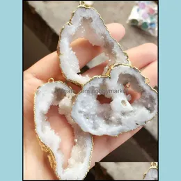 Loose Gemstones 6Pcs Gold Plated White Color Nature Quartz Druzy Geode Connector Drusy Crystal Gem Stone Pendant Beads Jewelry Finding Otard