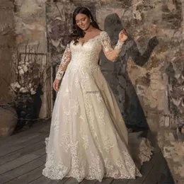 Plus Size Wedding Dresses A Line 2023 Elegant Lace Appliques Long Sleeves Bridal Gowns V Neck Tulle Vestido De Noiva