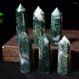 Decorative Figurines Natural Crystals Moss Agate Wands Healing Chakra Stones 6 Faceted Prism Aquatic Single Point Tower Home Decor