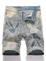 Herren Sommer lose gerade Shorts, Retro Blue Sticked Mesh Denim Shorts, Mid-Tendy Short Hosen