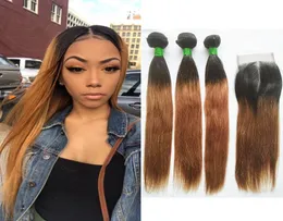 Ombre T1B30 Straight Colored Hair Bundles with Closure Brazilian Ombre Medium Auburn Human Hair Weave 3 Bundles with 4x4 Lace Clo7855218