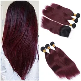 Trama de tramas da malaia Borgonha ombre Tea de cabelo humano com fechamento de renda 4x4 reto 1b/99j Raiz escura Raiz Red Ombre Fechamento de renda com 3bundle