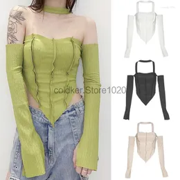 Serbatoi da donna 2024 Donne Fashion Crop Tops Y2K Harajuku Halter Neck Off Show Sleeve Long Colore Solido Corset Top-shirt per donne