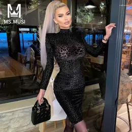 Lässige Kleider Msmussi 2024 Mode Frauen sexy lila Leoparden Velvet Langarm Mesh Lace Bodycon Midi Dress Club Party Promi Vestidos