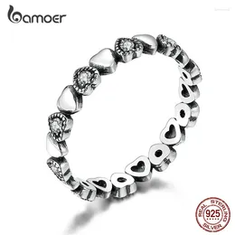 حلقات الكتلة Bamoer أسود القلب إصبع قابلة للتكديس للنساء 925 الجنيه الفضي المجوهرات Bijoux accosities بيان RING GXR140