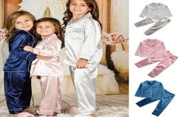 Çocuk Bebek Çocuk Kızlar Saten Düz Renk Pijama Seti Langarm Buttonown Yaka Düğmesi Dekro Uyku Suit5404425